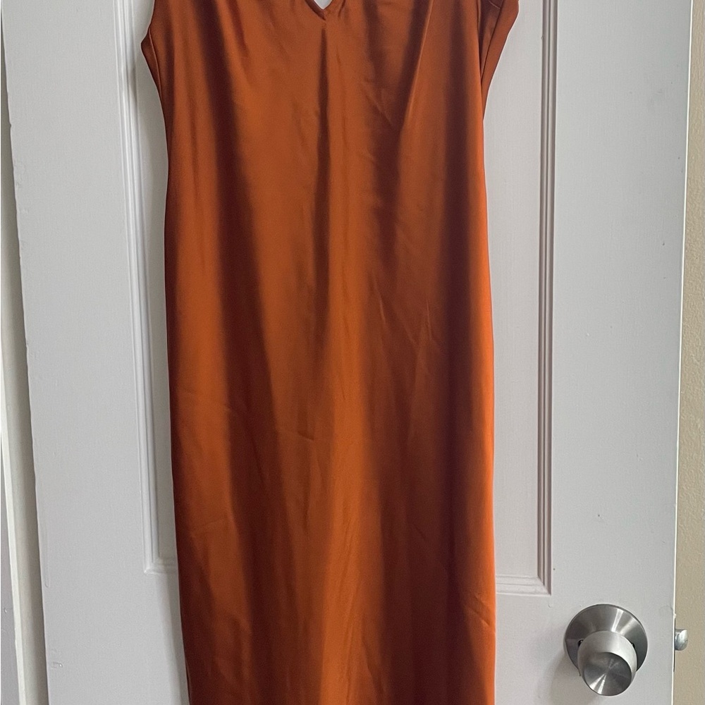 Orange V-Neck Sleeveless Sheath Midi Dress for Night Out